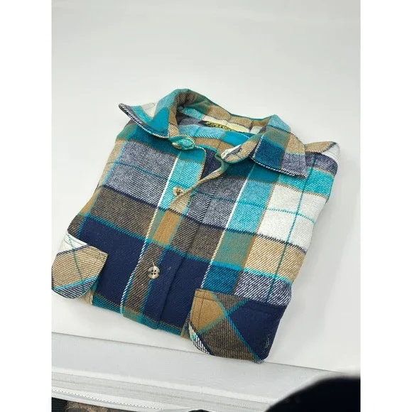 Vintage Private Property‎ Flannel Shirt Mens  M Blue Green Plaid Button Up Thick - Picture 5 of 15